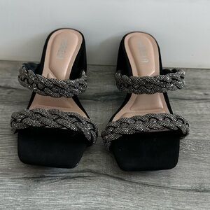 Women's Black Braided Beaded Slide Sandals